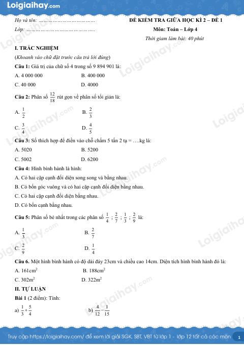 Đề số 1 - Đề kiểm tra giữa học kì 2 - Toán lớp 4